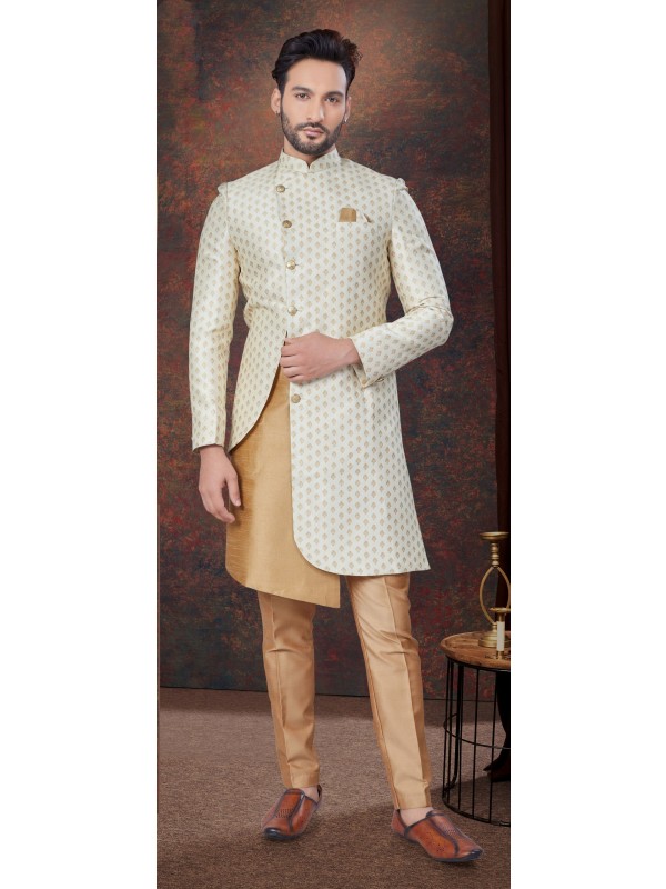 Jacquard IndoWestern Ready Made Dress in Cream Color  
