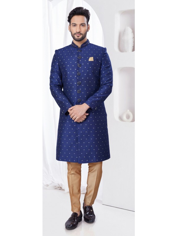 Jacquard IndoWestern Ready Made Dress in Navy Blue Color  