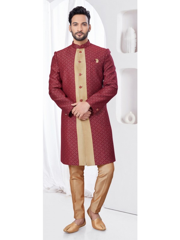 Jacquard IndoWestern Ready Made Dress in Maroon Color  