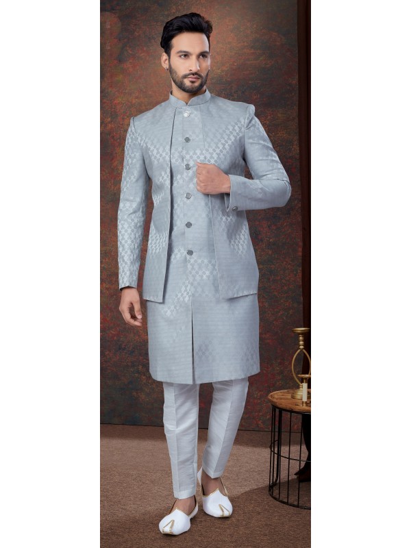 Jacquard IndoWestern Ready Made Dress in Grey Color  