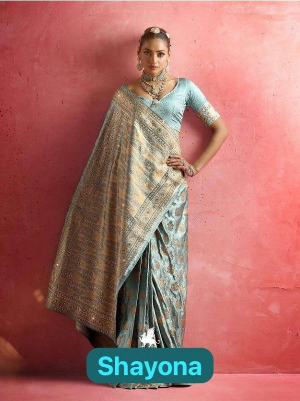 Kadwa Kasab Silk Party wear Saree In Sea Bluie Color with Swaroskvi Work 