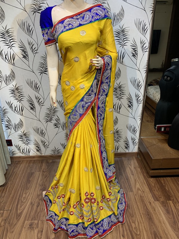 Pure Sateen Silk Party Wear Saree In Yellow WIth Embroidery & Crystal Stone Work  