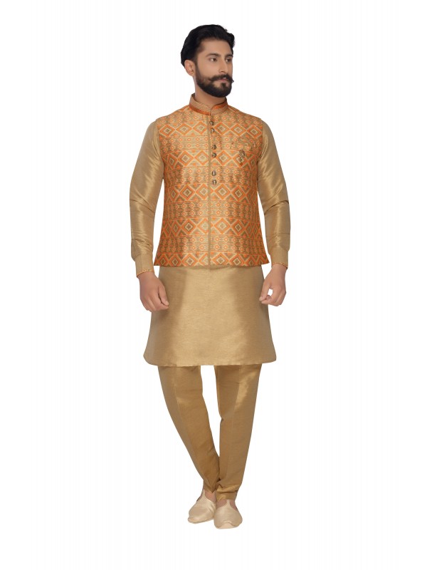 Jacquard Silk Sherwani In Gold & Oranje Color  