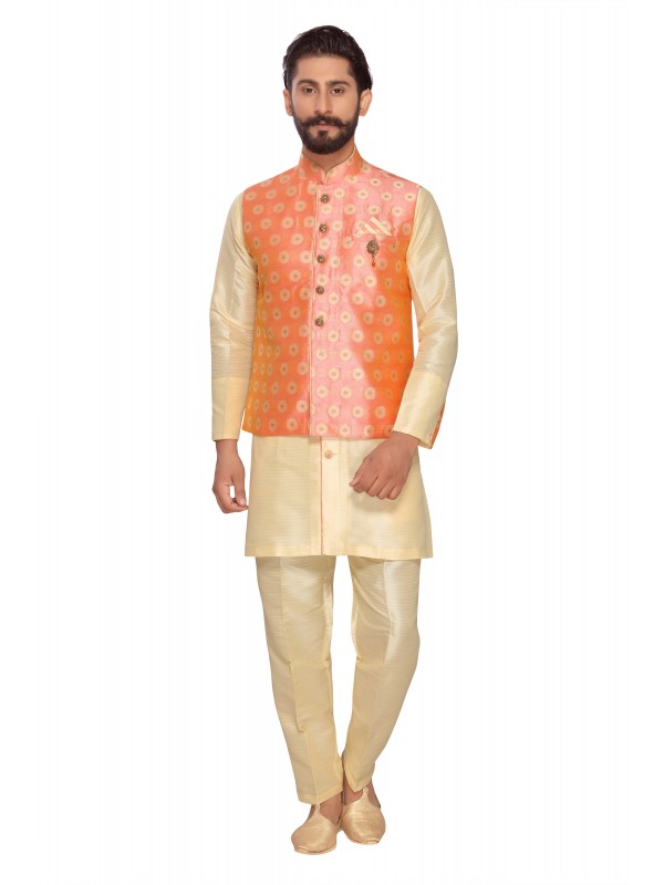 Jacquard Silk Sherwani In Off White & Pink Color  