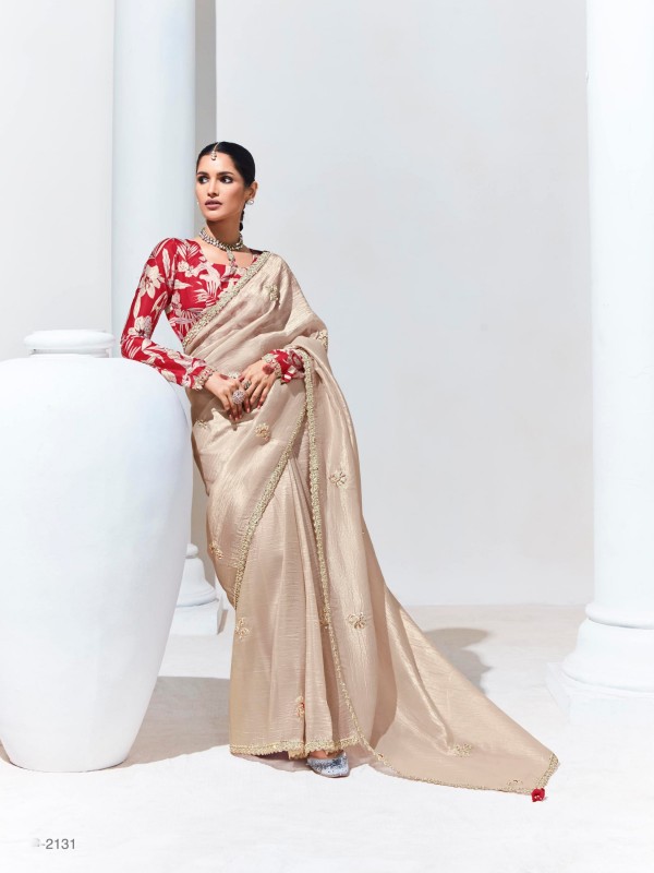 Organza Silk Party wear Saree In Cream Color with Embroidery Work