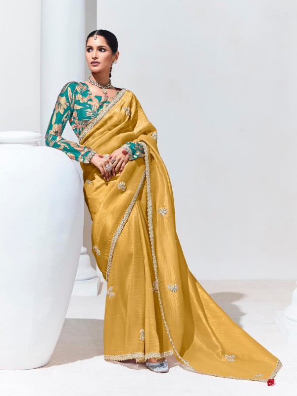 Organza Silk Party wear Saree In Yellow Color with Embroidery Work