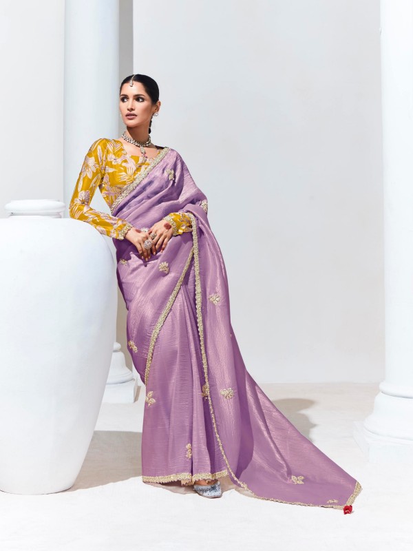 Organza Silk Party wear Saree In Lavender Color with Embroidery Work