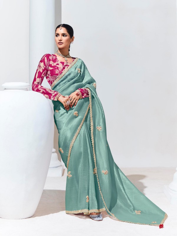 Organza Silk Party wear Saree In Sea Blue Color with Embroidery Work