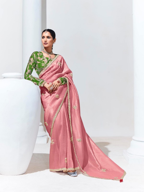 Organza Silk Party wear Saree In Peach Color with Embroidery Work