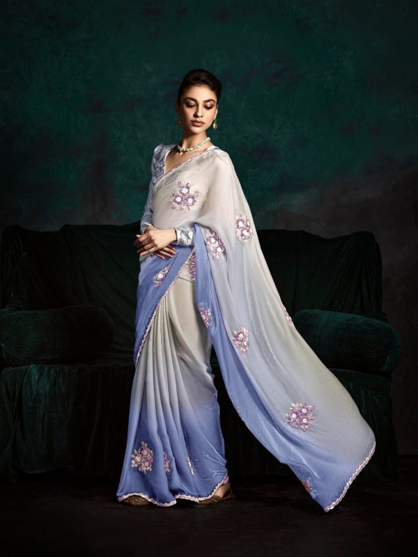 Fancy Silk Party wear Saree Sky Blue Color with Embroidery Work