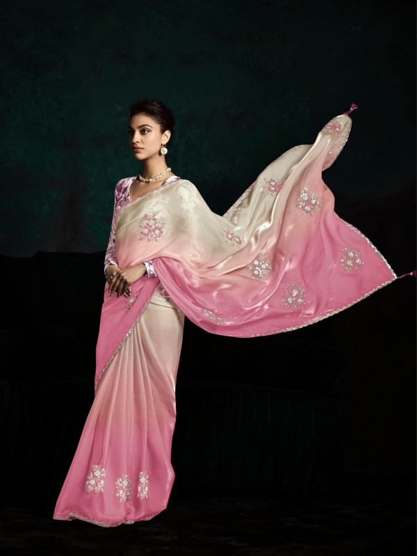 Fancy Silk Party wear Saree Pink Color with Embroidery Work