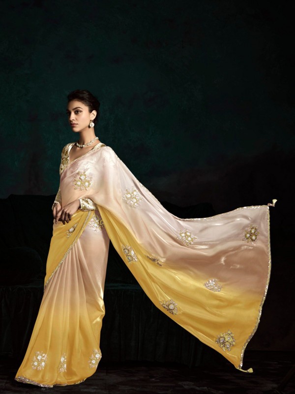 Fancy Silk Party wear Saree Yellow Color with Embroidery Work