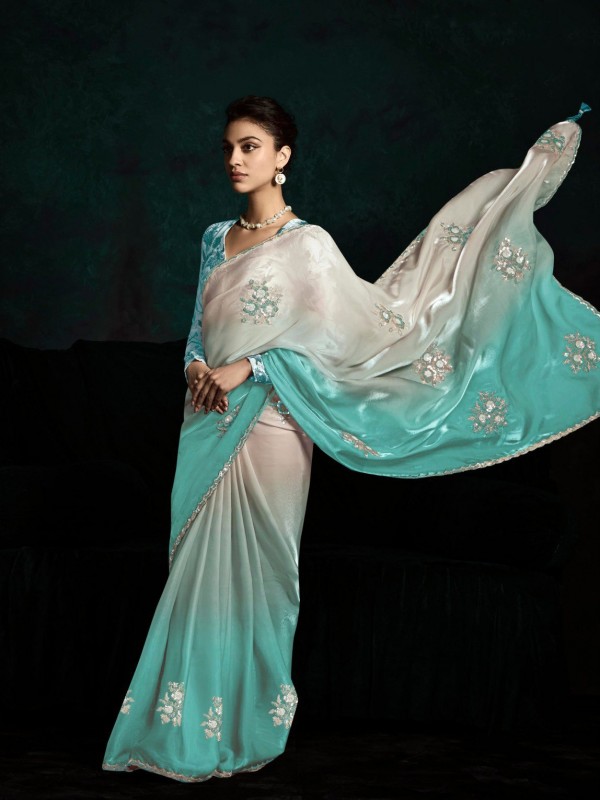 Fancy Silk Party wear Saree Turquoise Color with Embroidery Work