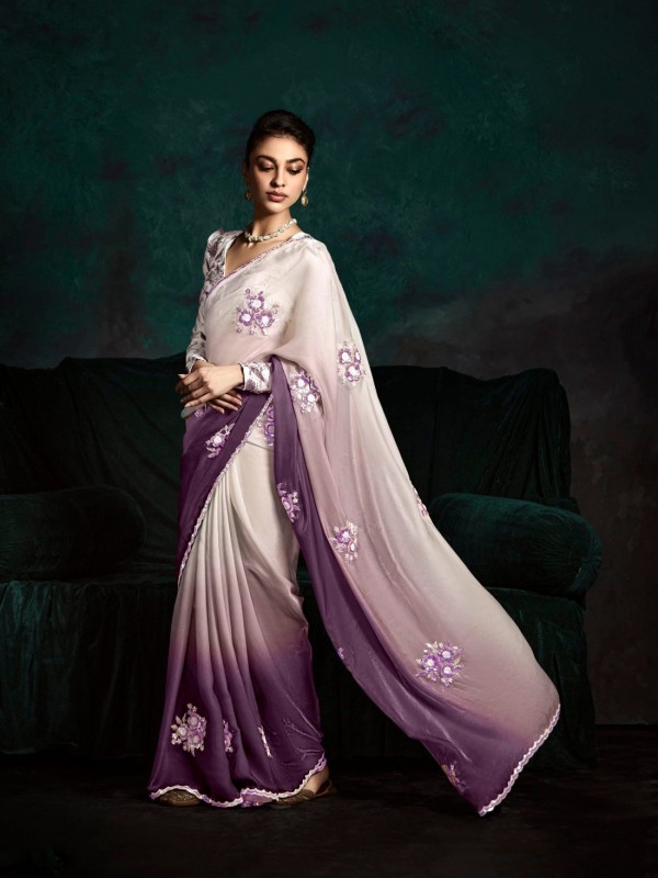 Fancy Silk Party wear Saree Purple Color with Embroidery Work