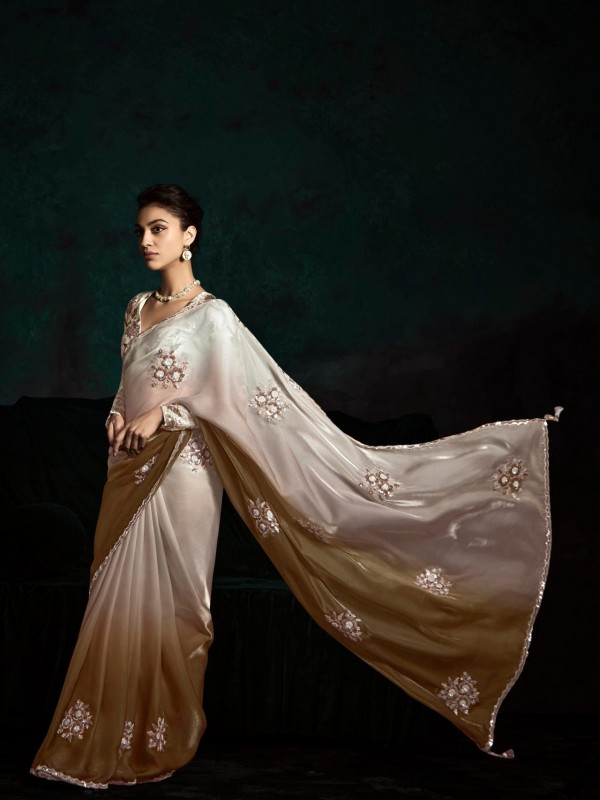 Fancy Silk Party wear Saree Cream Color with Embroidery Work