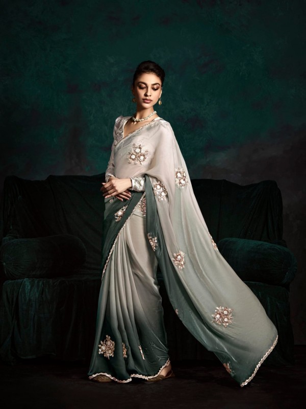 Fancy Silk Party wear Saree Grey Color with Embroidery Work
