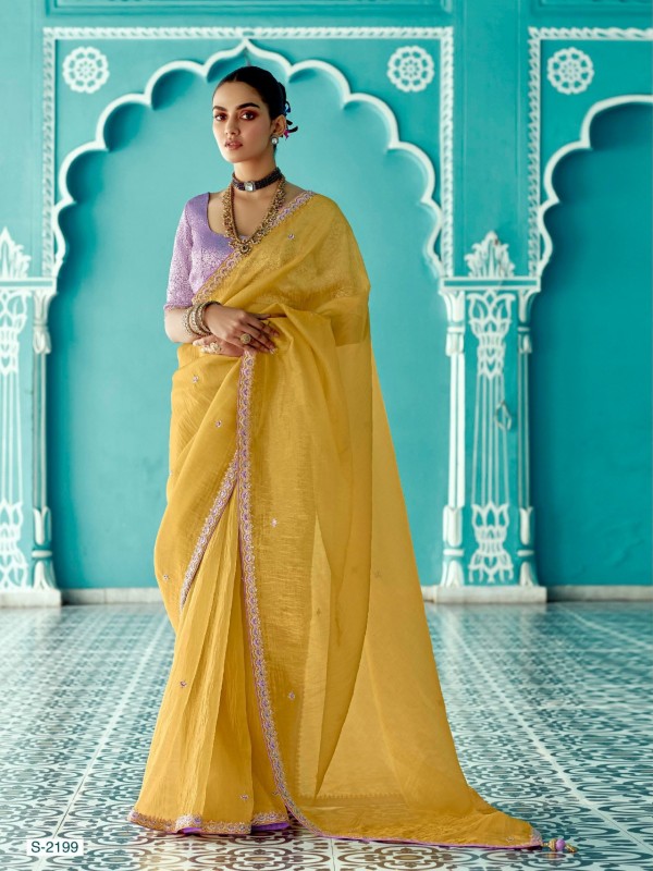Pure Tissue Silk Party wear Saree In Mustard Color with Embroidery Work