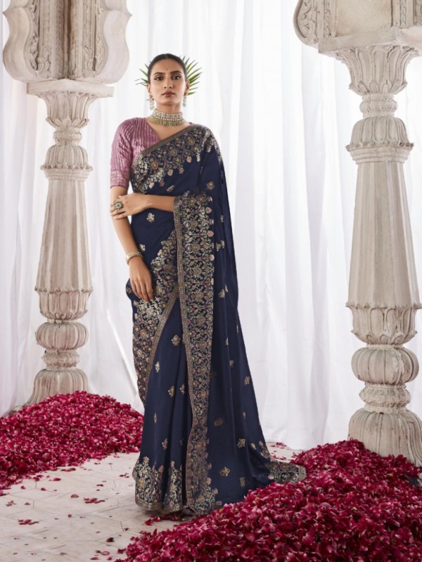 Pure Silk Wedding Wear Saree In Blue Color With Minakari Pallu Work