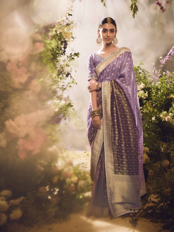 Pure Dola Silk Party wear Saree In Light Purple Color with Embroidery Work