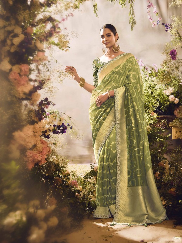 Pure Dola Silk Party wear Saree Green Color with Embroidery Work