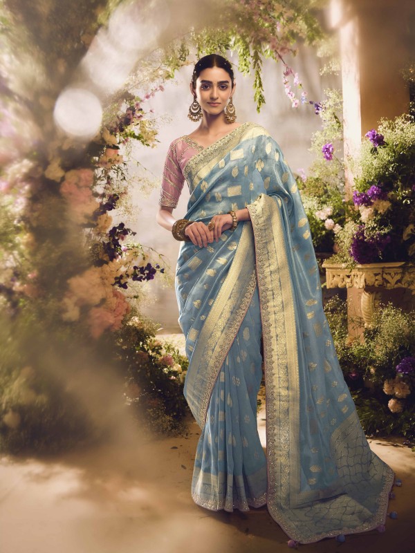 Pure Dola Silk Party wear Sea Blue Color with Embroidery Work