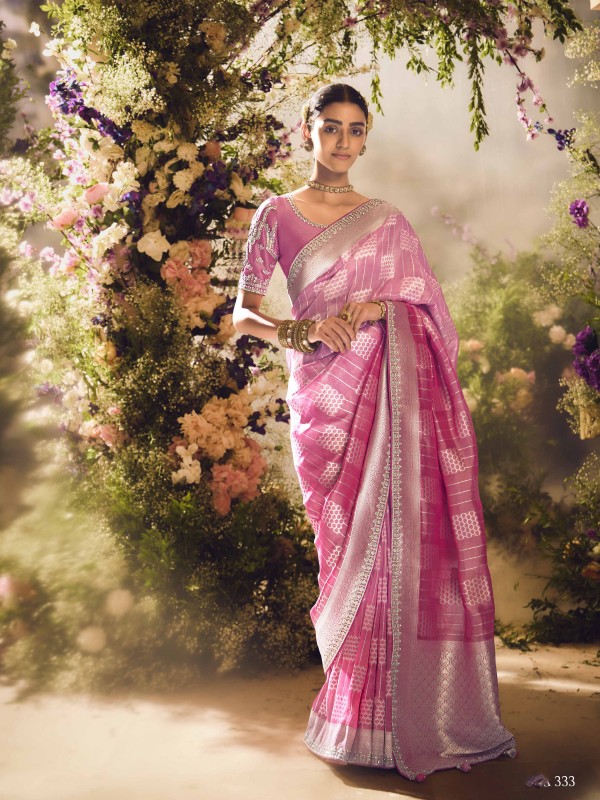 Pure Dola Silk Party wea Pink Color with Embroidery Work