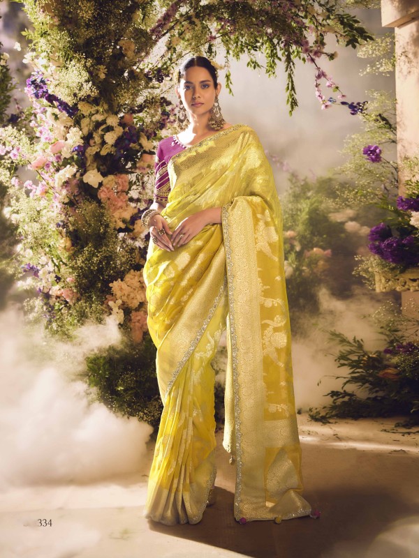 Pure Dola Silk Wedding Wear Yellow Color with Embroidery Work