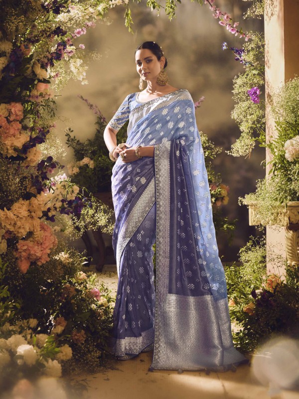 Pure Dola Silk Wedding Wear Blue Color with Embroidery Work