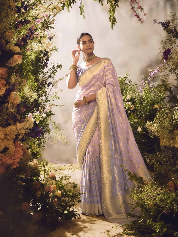 Pure Dola Silk Wedding Wear Light Purple Color with Embroidery Work