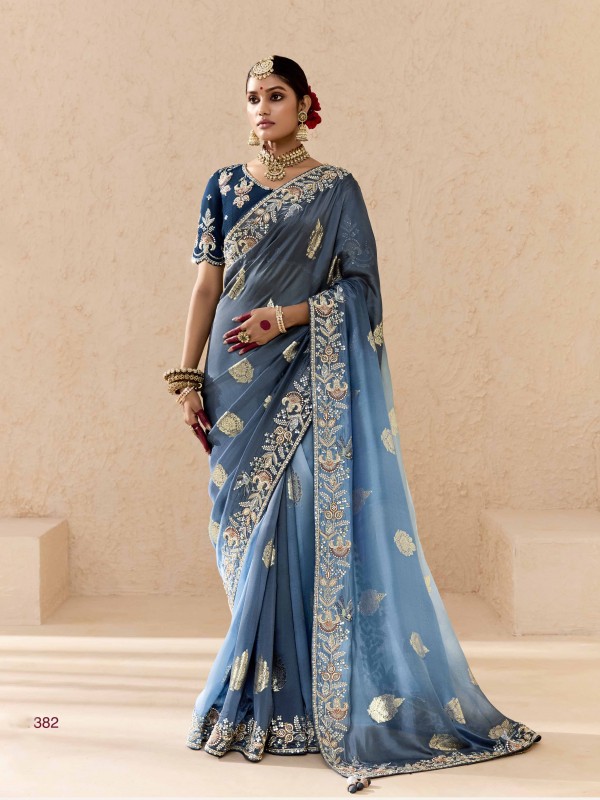 Pure Dola Silk Party wear Saree In Blue Color with Embroidery Work