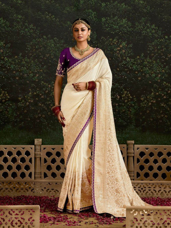 Pure Dola Silk Party wear Saree In Cream Color with Embroidery Work