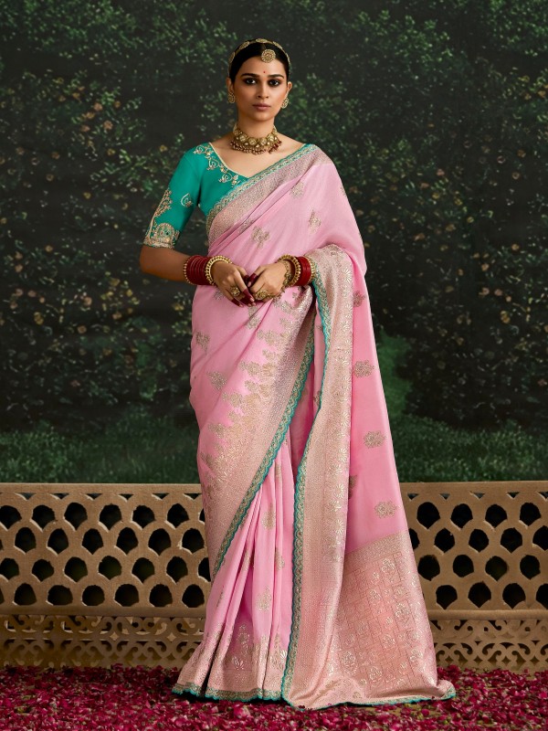Pure Dola Silk Party wear Saree In Light Pink Color with Embroidery Work
