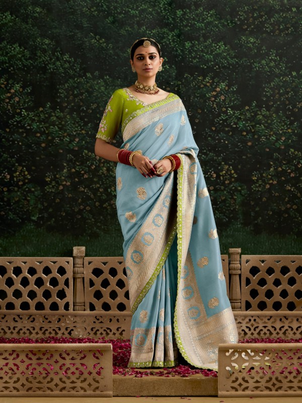 Pure Dola Silk Party wear Saree In Sky Blue Color with Embroidery Work