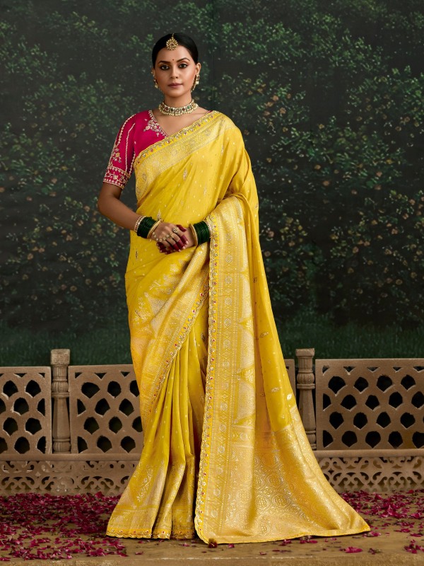 Pure Dola Silk Party wear Saree In Yellow Color with Embroidery Work
