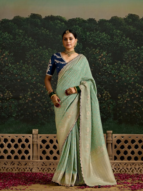 Pure Dola Silk Party wear Saree In Lime Green Color with Embroidery Work