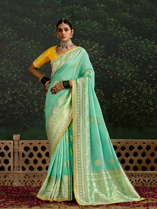 Pure Dola Silk Party wear Saree In Sea Green Color with Embroidery Work