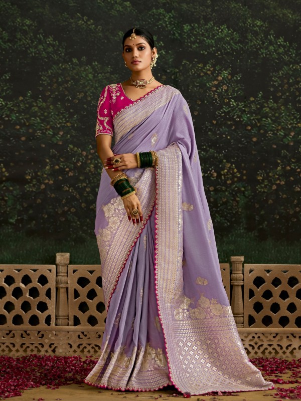 Pure Dola Silk Party wear Saree In Lavender Color with Embroidery Work