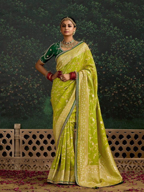 Pure Dola Silk Party wear Saree In Lemon Green Color with Embroidery Work