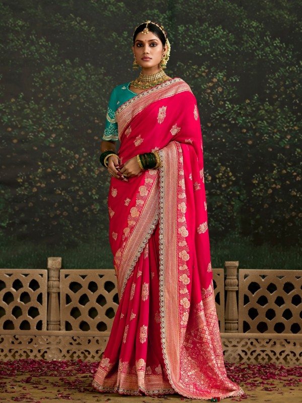 Pure Dola Silk Party wear Saree In Red Color with Embroidery Work