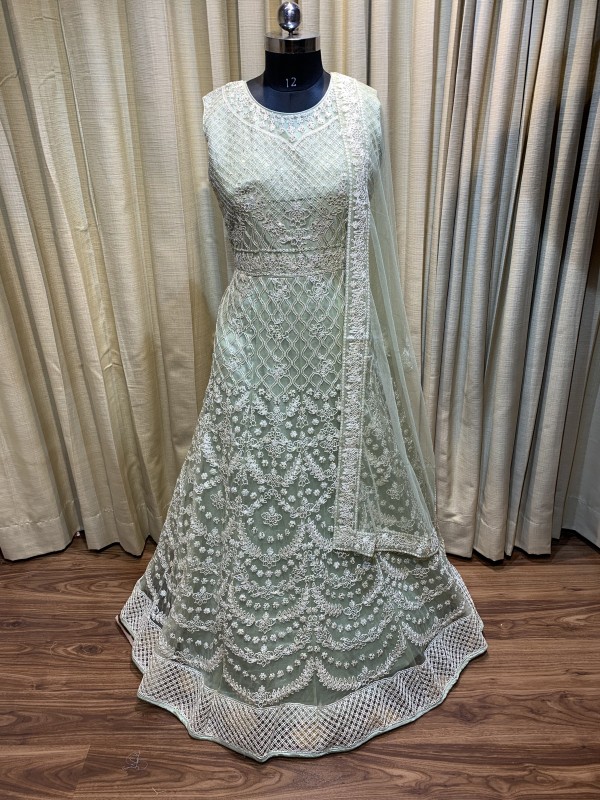Soft Premium Net Wedding Wear Readymade Gown In Light Green  With Embroidery Work & Stone Work