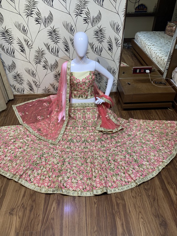 Satin silk Wedding Wear Lehenga In Beige Color With Embroidery Work 
