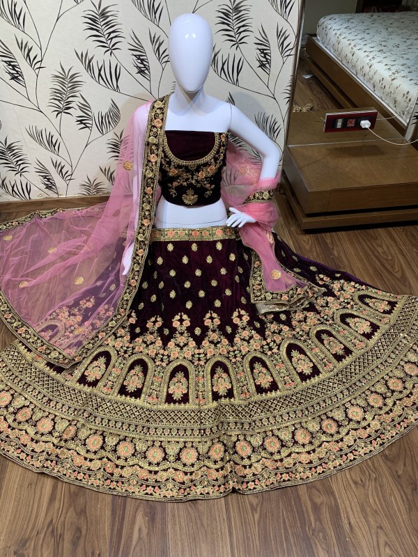 Pure Micro Velvet Wedding Lehenga In Wine Color With Embroidery & Crystal Stone Work