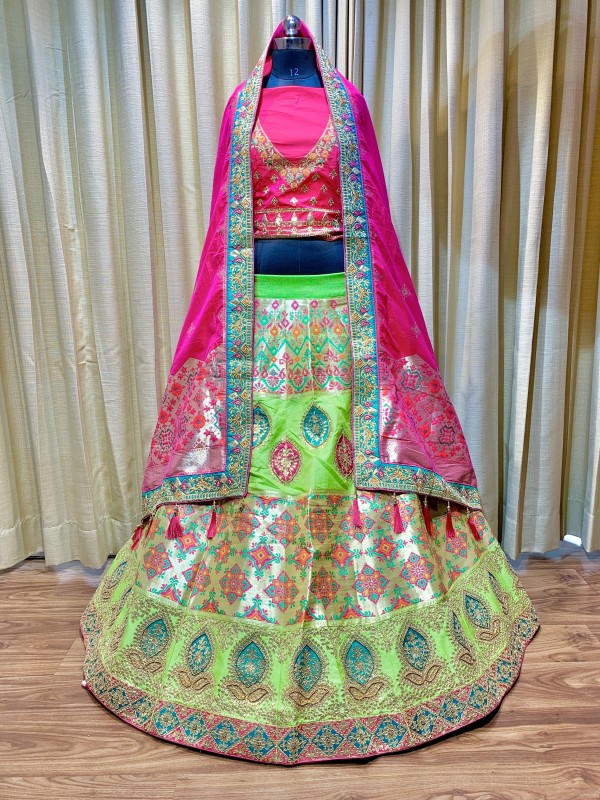 Banarasi Silk Wedding Lehenga in Green With Moti & Gota Patti work