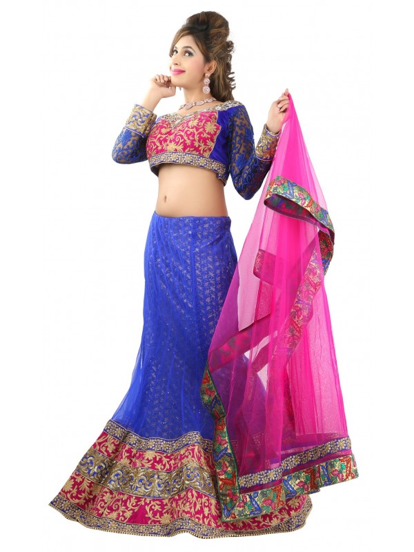 Soft Premium Net Party Wear Lehenga In Blue WIth Embroidery Work 