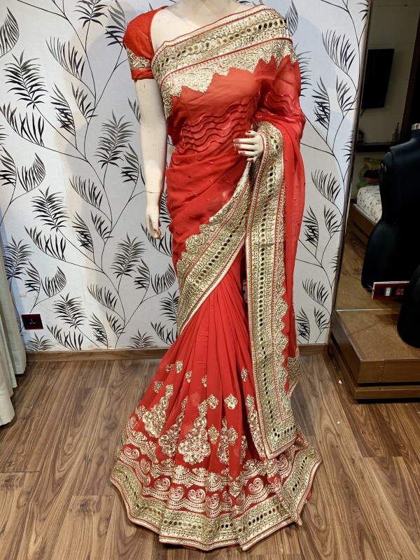 Georgette Fabrics Wedding Wear Saree In Red With Embroidery Work & Crystal stone work