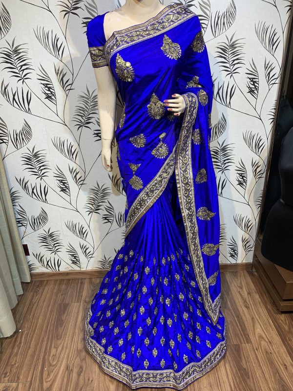 Mulberry Silk Wedding Wear Saree In Blue With Embroidery Work & Crystal stone work