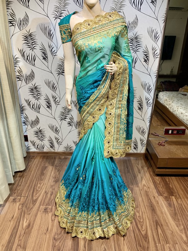 Pure Chiffon Wedding Wear Saree In Turquoise Color With Embroidery Work & Crystal Stone work   