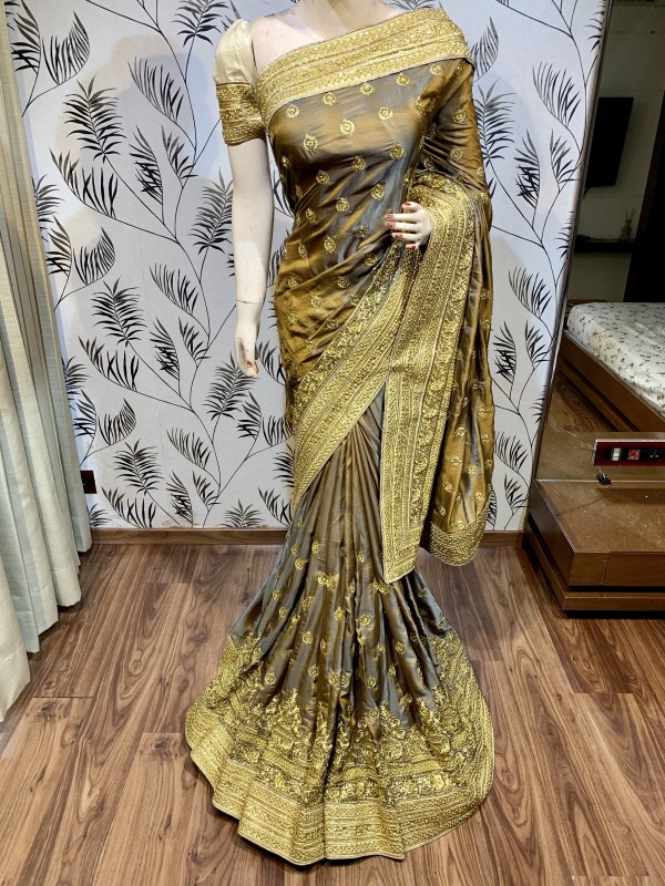 Metallic Silk Wedding Wear Saree In Brown With Embroidery Work & Crystal Stone work   