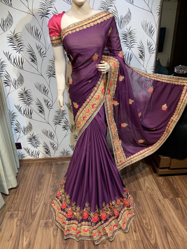 Turkey Chiffon Silk Wedding Wear Saree In Violet With Embroidery work & Handwork 