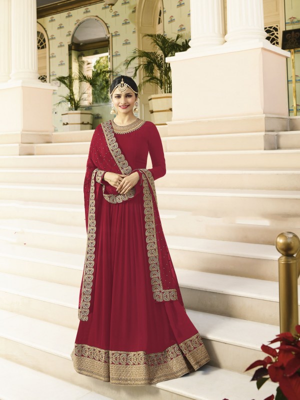 Georgette Casual Wear Gown In Red With Embroidery With Stone Work Work